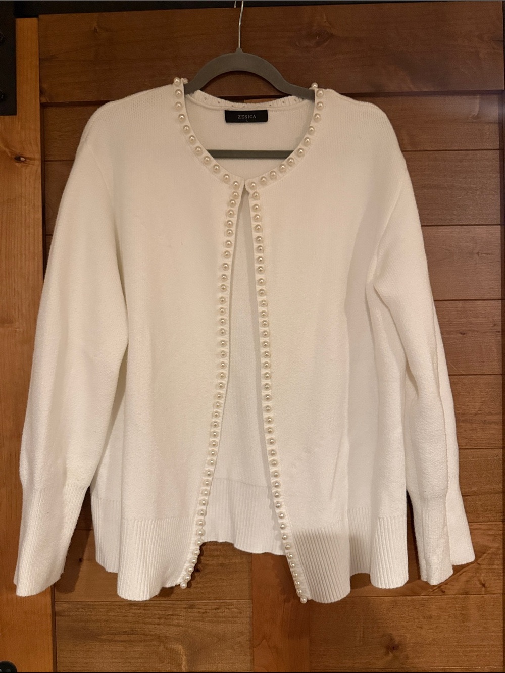 White Pearl-Trim Open Cardigan Sweater